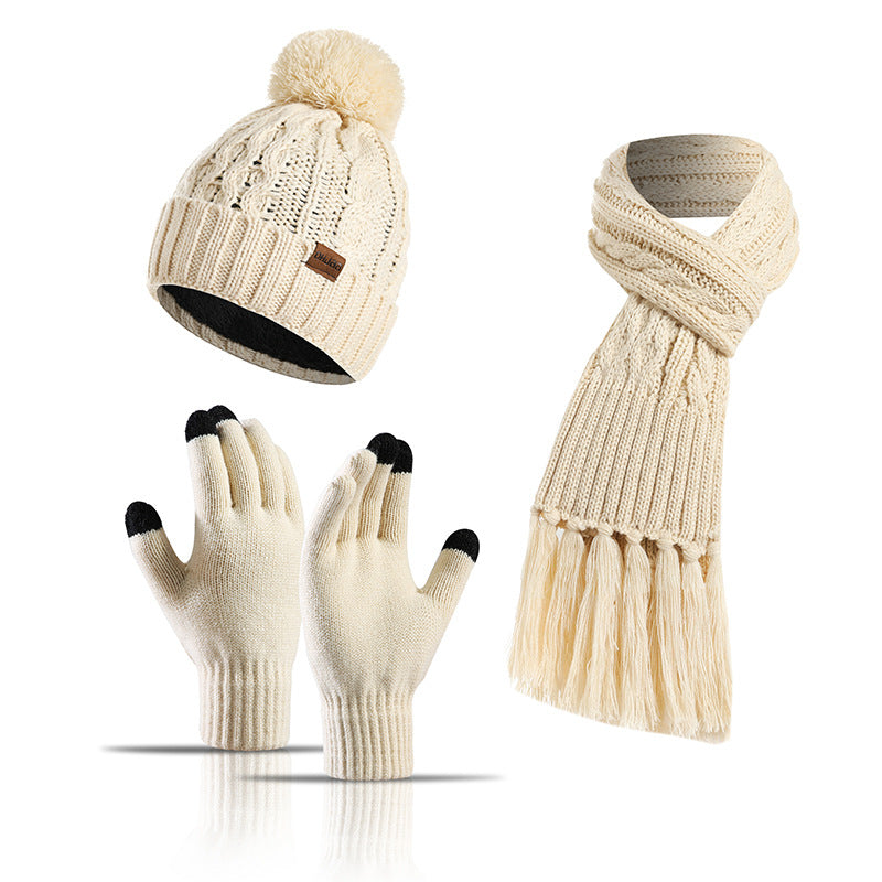 Knitted Mixed Color Hat Thickened Scarf Touch Screen Gloves Three-piece Set
