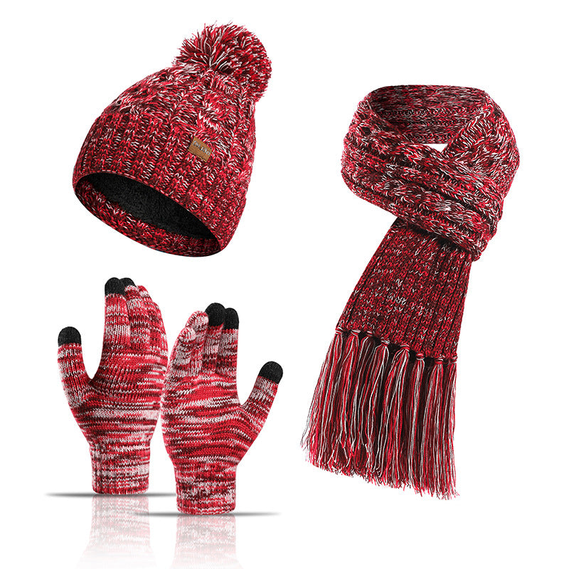 Knitted Mixed Color Hat Thickened Scarf Touch Screen Gloves Three-piece Set