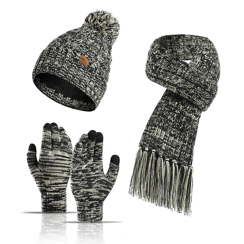 Knitted Mixed Color Hat Thickened Scarf Touch Screen Gloves Three-piece Set