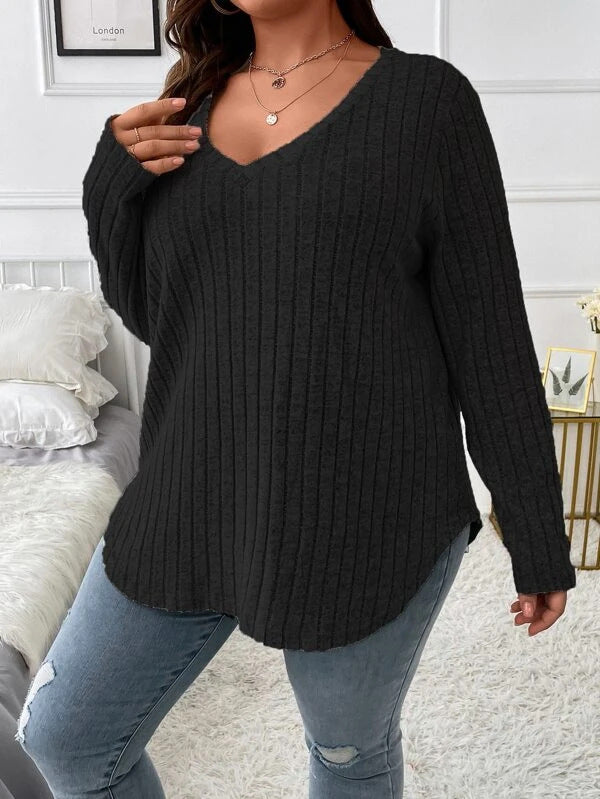 Women's Large Solid Color Striped V-neck Long Sleeve T-shirt XL-5XL