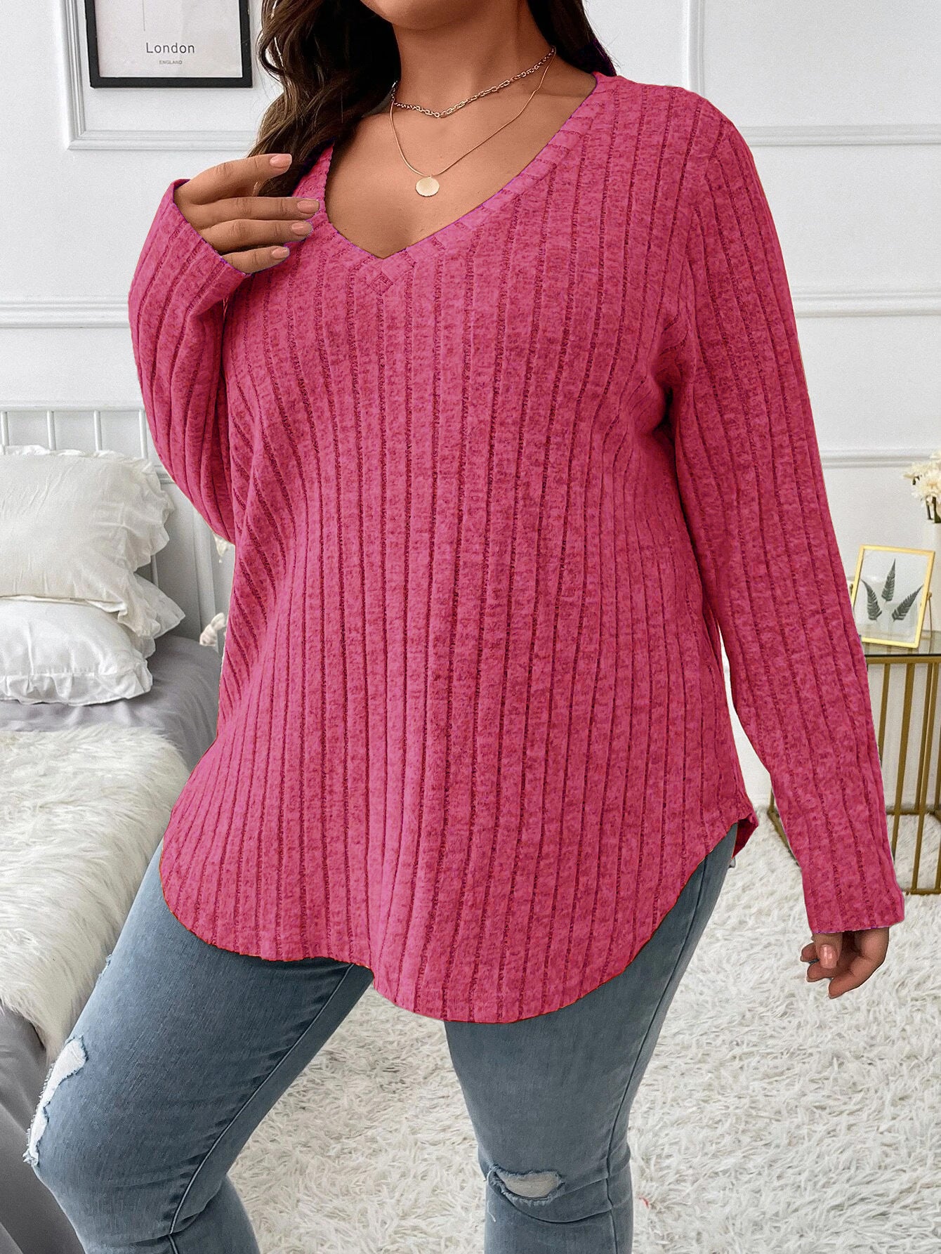 Women's Large Solid Color Striped V-neck Long Sleeve T-shirt XL-5XL