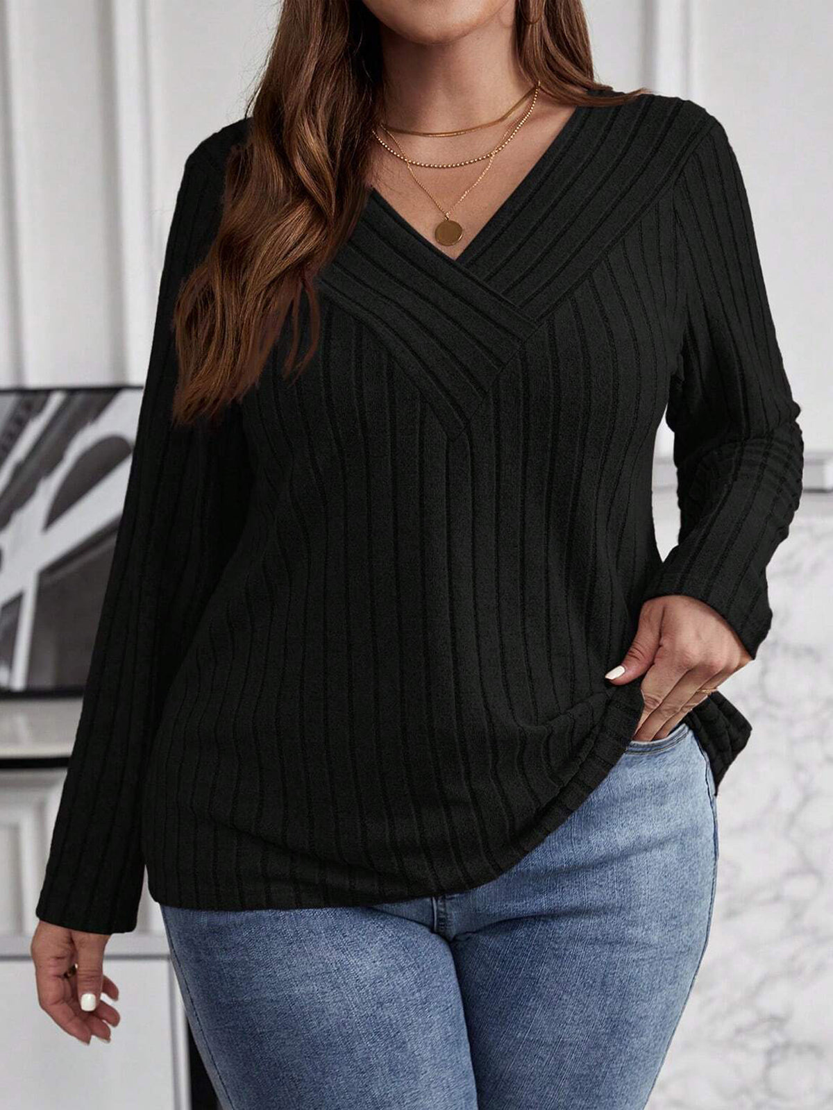 Women's Large Solid Color Cross-striped V-neck Long Sleeve T-shirt XL-5XL