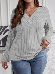 Women's Large Solid Color Cross-striped V-neck Long Sleeve T-shirt XL-5XL