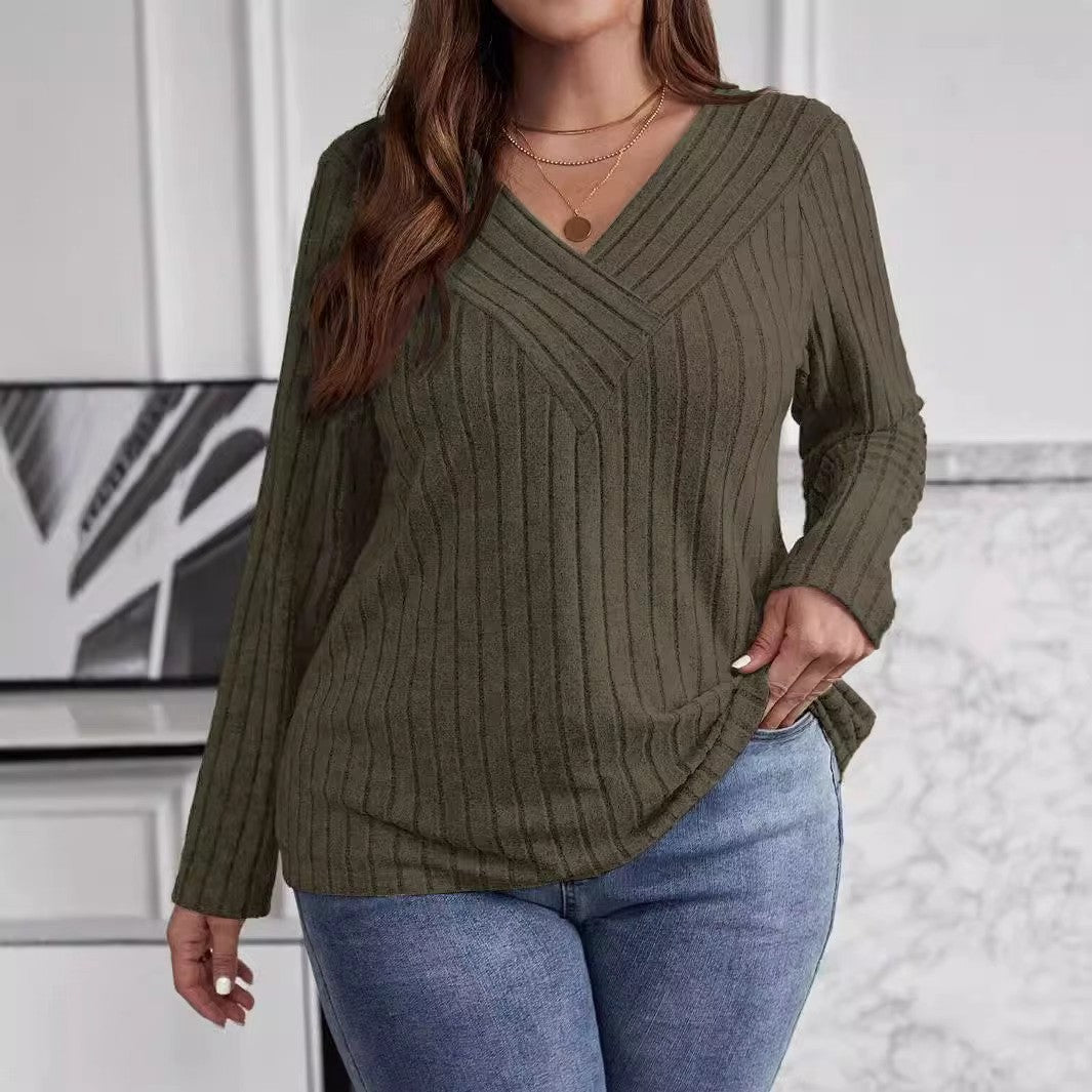 Women's Large Solid Color Cross-striped V-neck Long Sleeve T-shirt XL-5XL