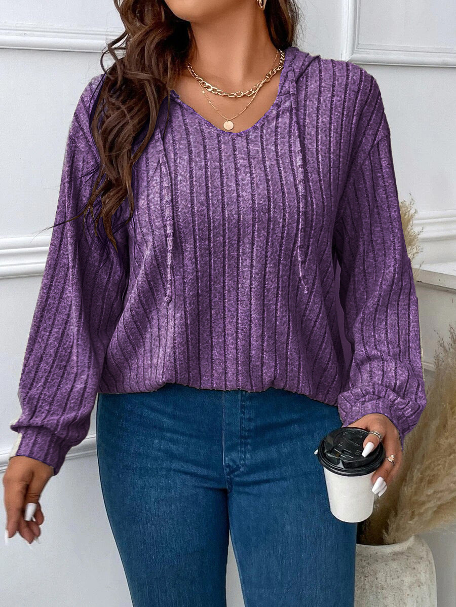 Women's Large Solid Color Striped V-neck Hooded Long Sleeve T-shirt XL-5XL