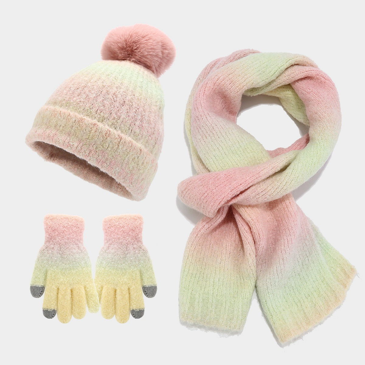 Tie-dyed Wool Hat Scarf Gloves Knitted Suit