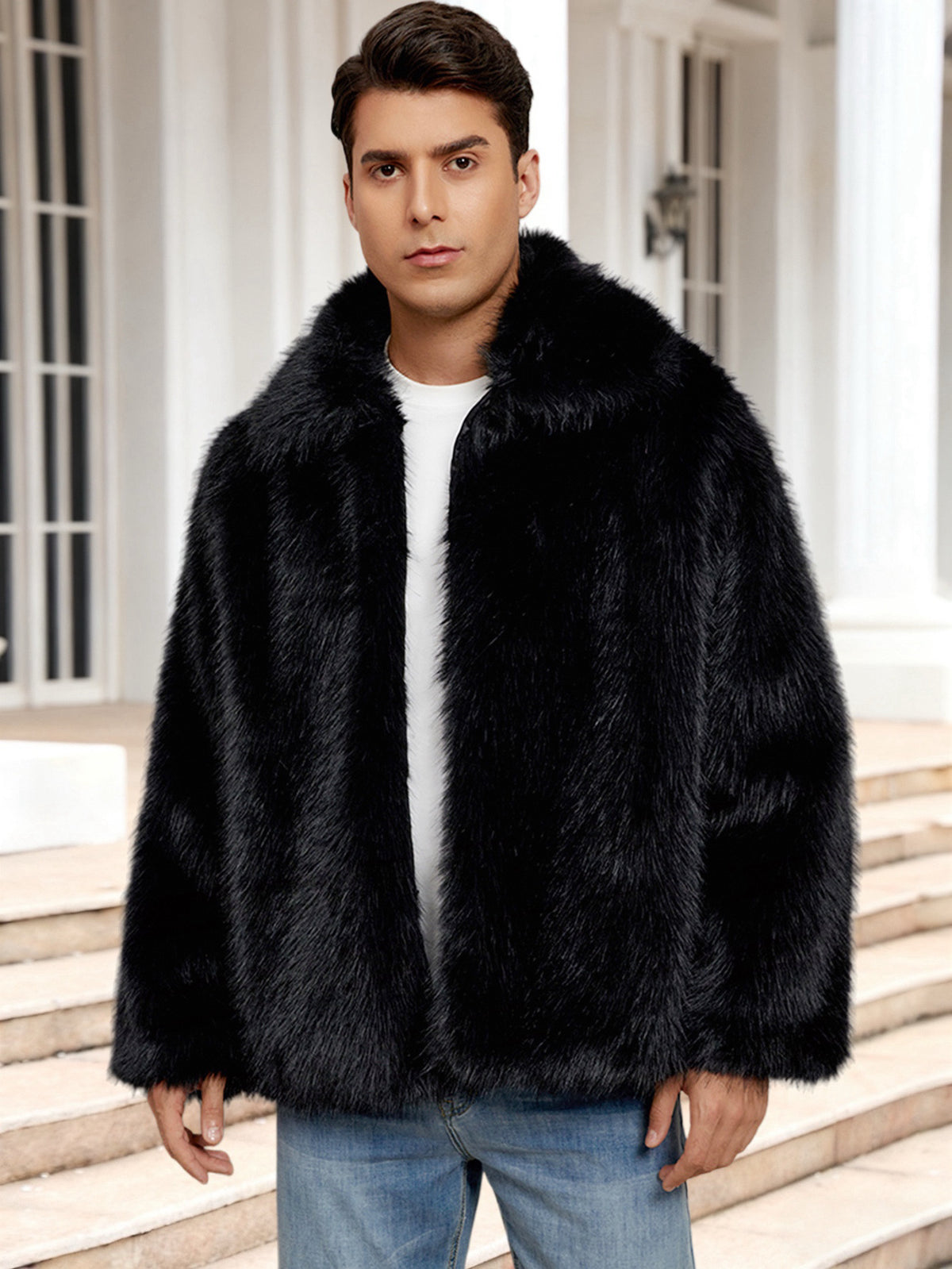 Big & Tall Men's Lapel Short Faux Fur Jacket S-3XL
