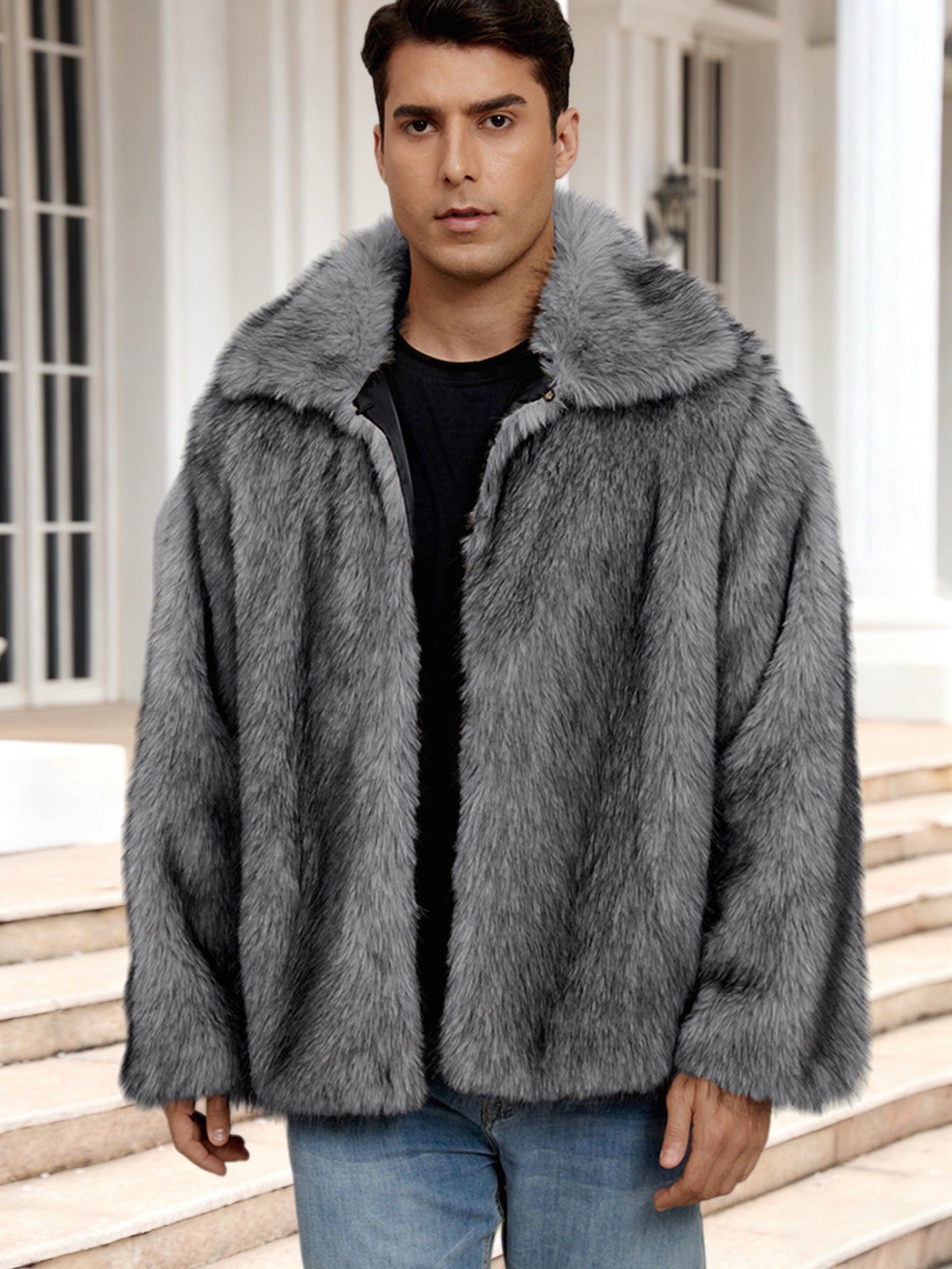 Big & Tall Men's Lapel Short Faux Fur Jacket S-3XL