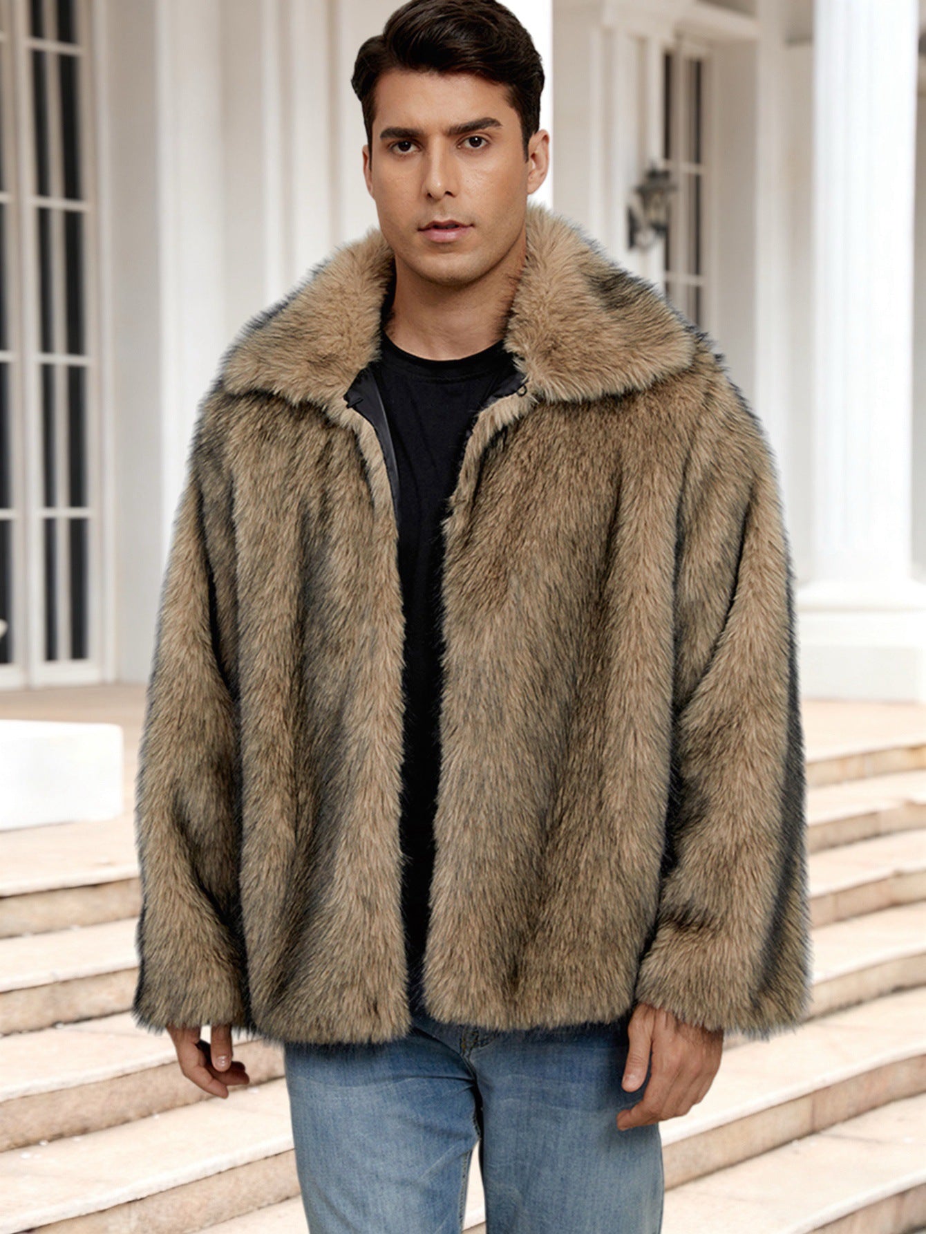 Big & Tall Men's Lapel Short Faux Fur Jacket S-3XL