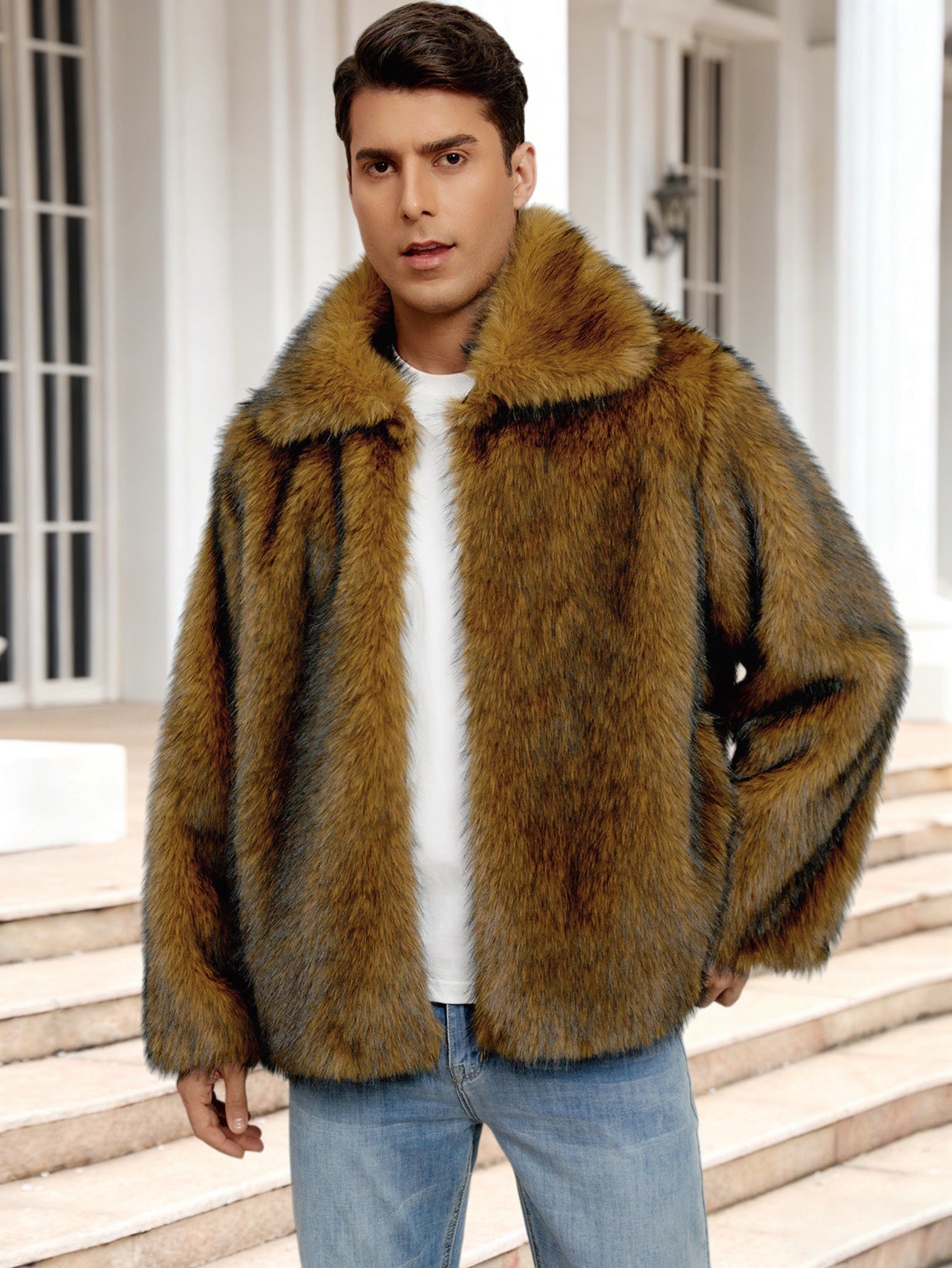 Big & Tall Men's Lapel Short Faux Fur Jacket S-3XL