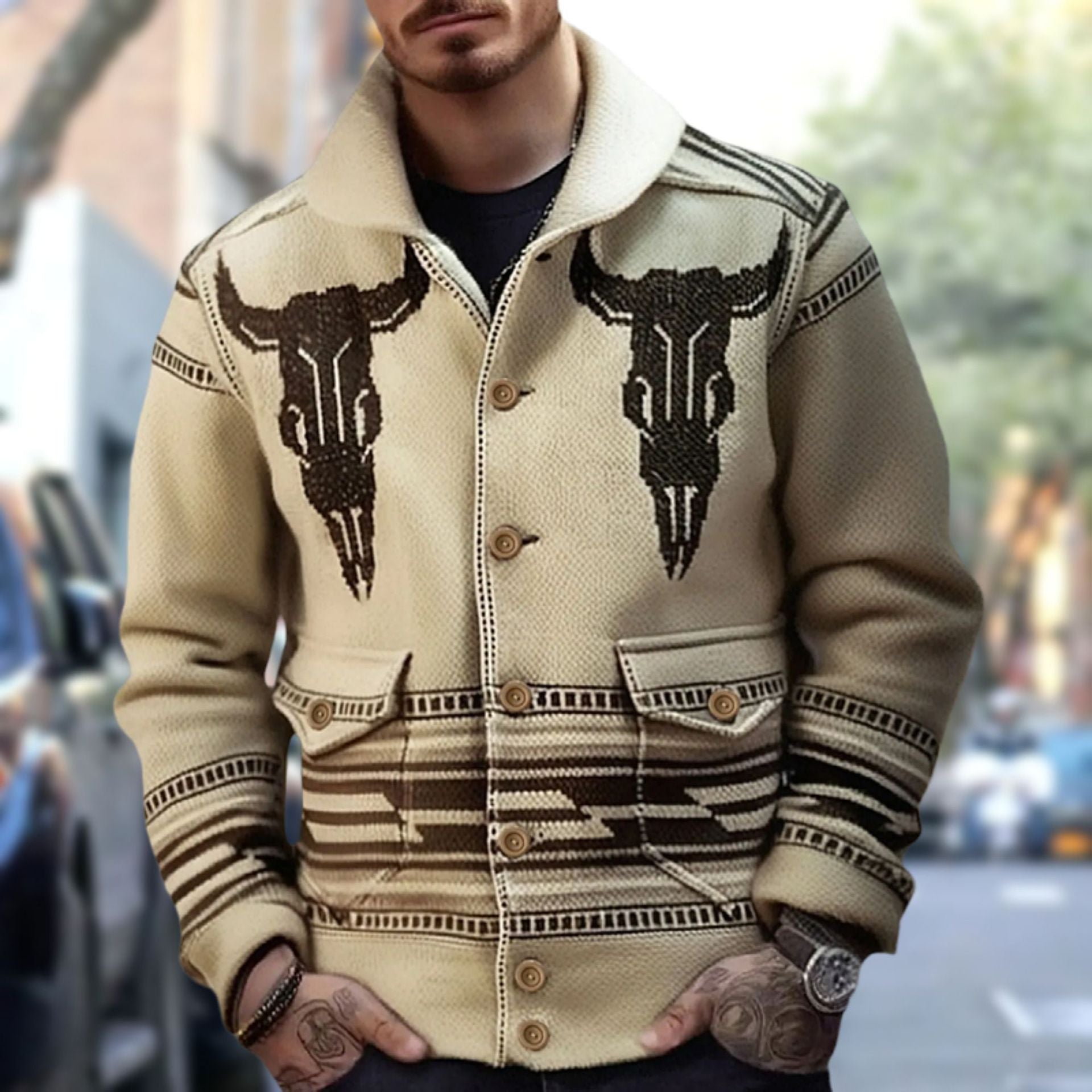 Big & Tall Men's Vintage Jacquard Bullhead Lel Long Sleeve Cardigan Jacket M-3XL