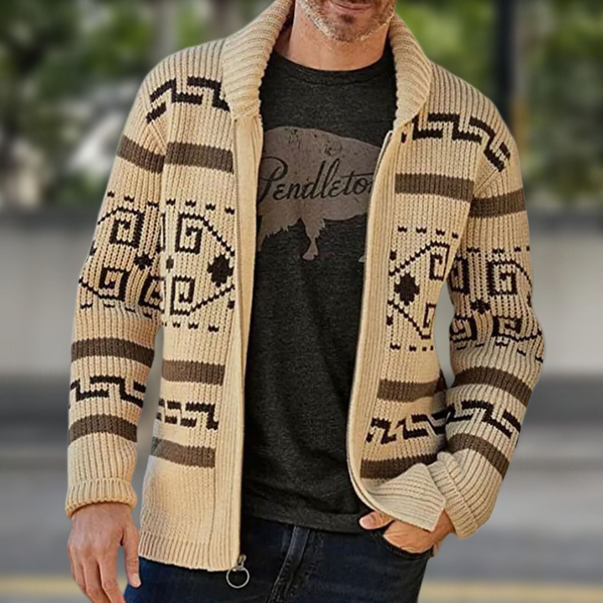 Big & Tall Men's Vintage Jacquard Laps Long Sleeve Cardigan Jacket M-3XL