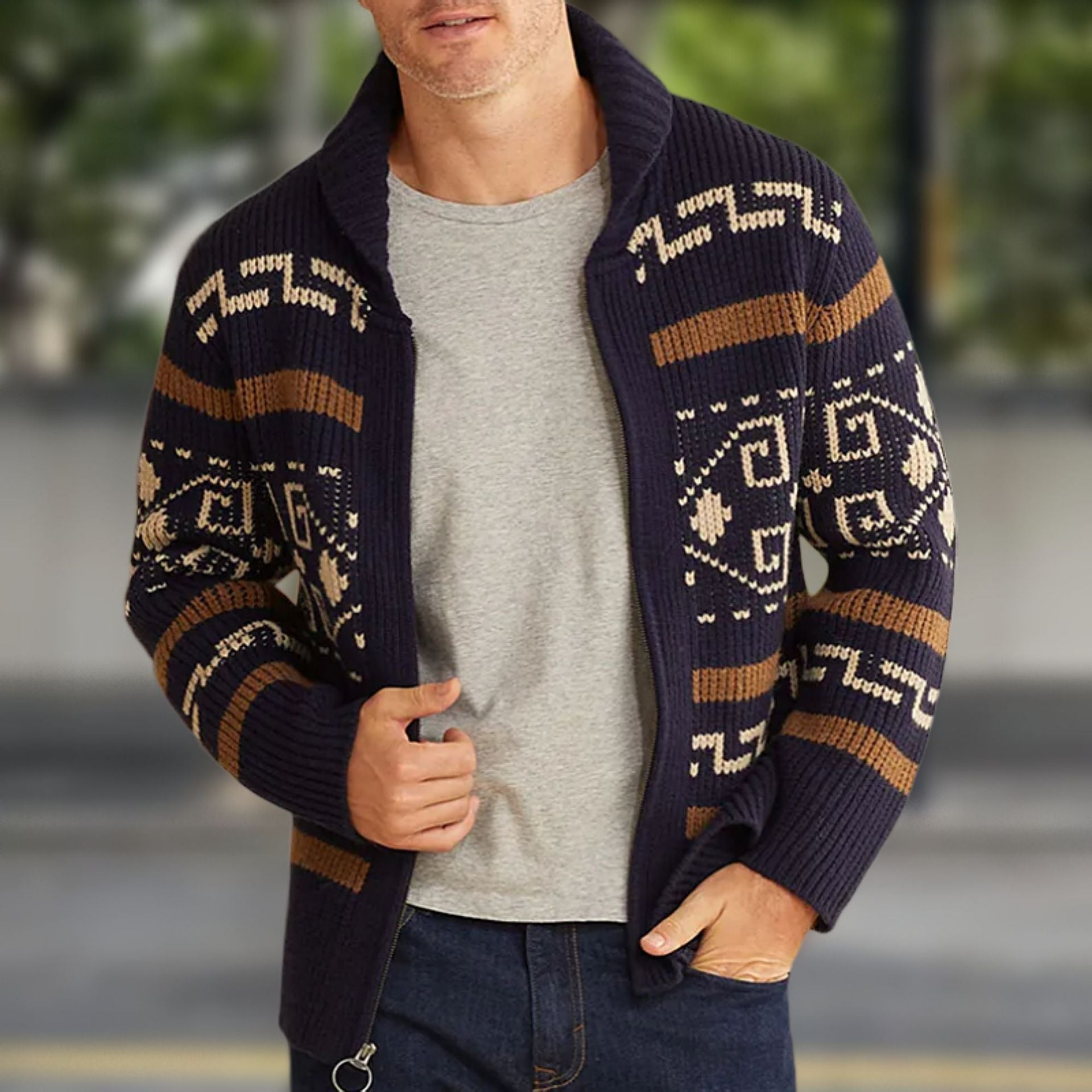 Big & Tall Men's Vintage Jacquard Laps Long Sleeve Cardigan Jacket M-3XL