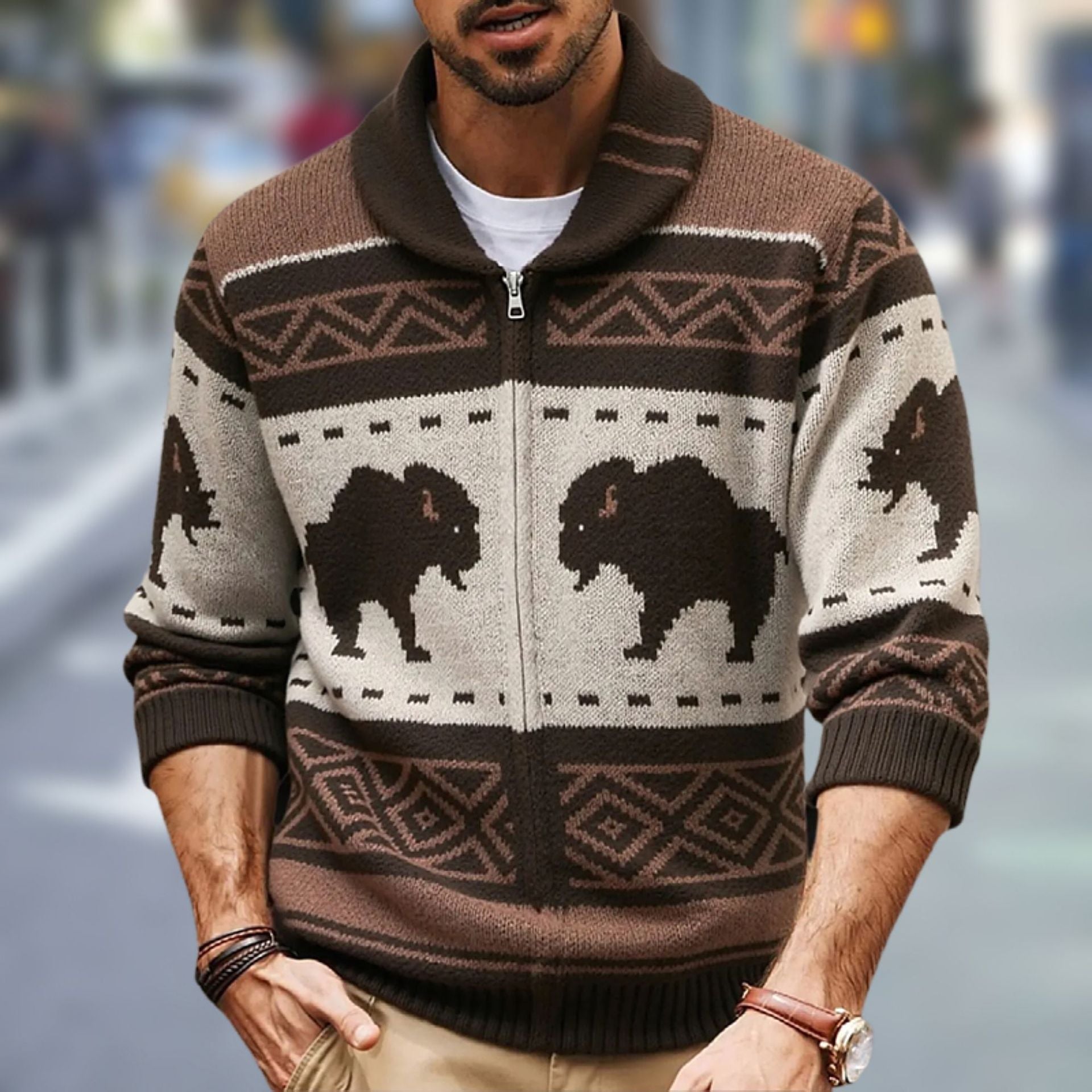 Big & Tall Men's Vintage Jacquard Bullhead Lel Long Sleeve Cardigan Jacket M-3XL