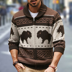 Big & Tall Men's Vintage Jacquard Bullhead Lel Long Sleeve Cardigan Jacket M-3XL