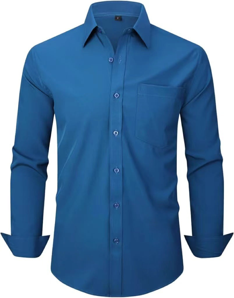 Four-sided Stretch Non-ironing Men's Long-sleeved Shirt Sericized Vertical Shirt
