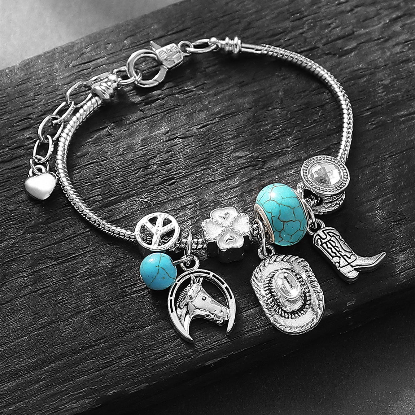 Vintage Western Denim Pendant Beaded Bracelet