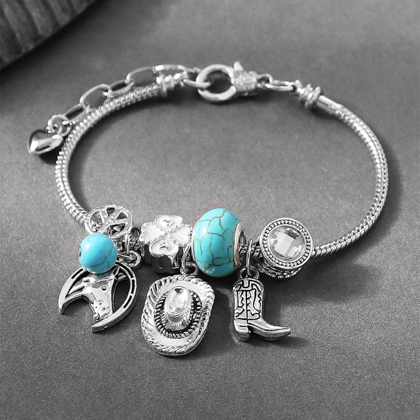 Vintage Western Denim Pendant Beaded Bracelet