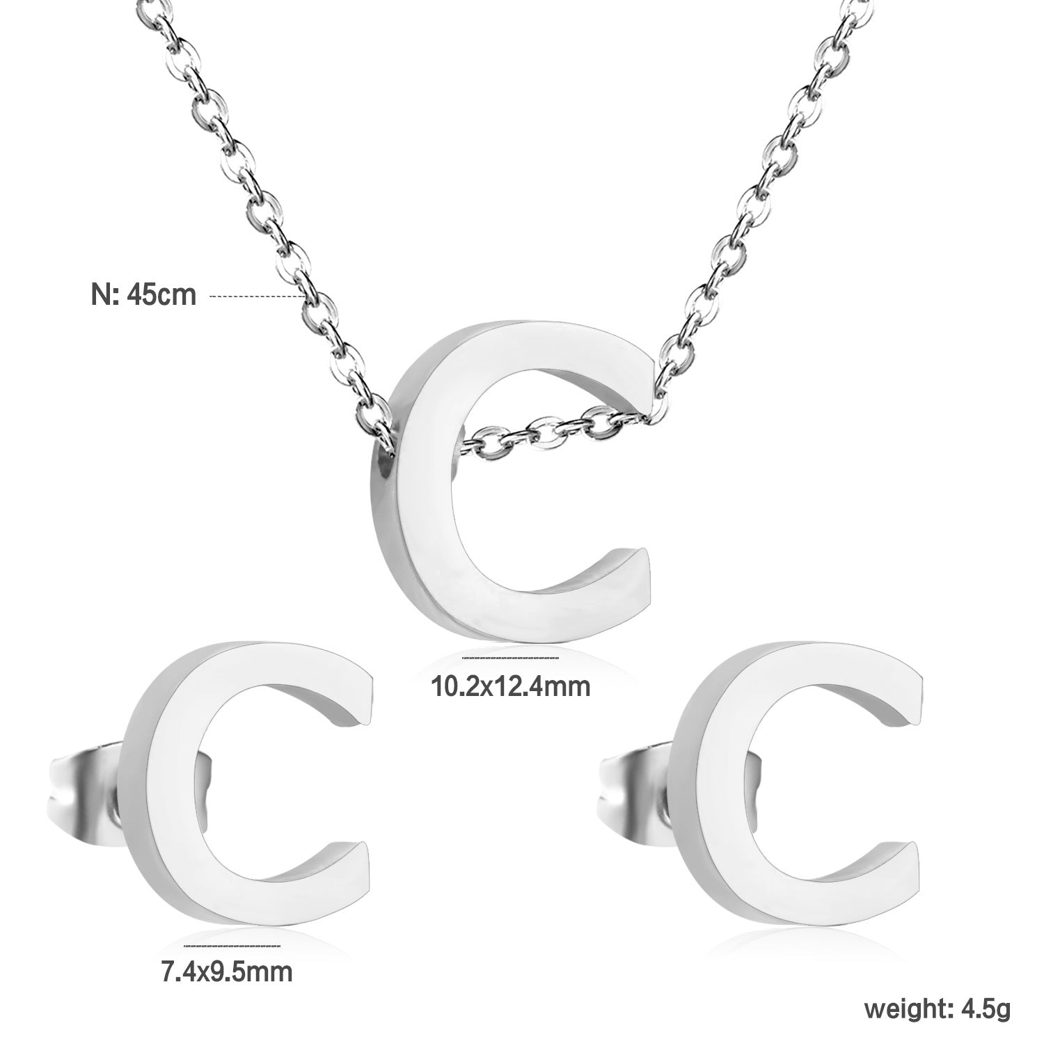 Simple 26 English Alphabet Necklace Earrings Jewelry Set