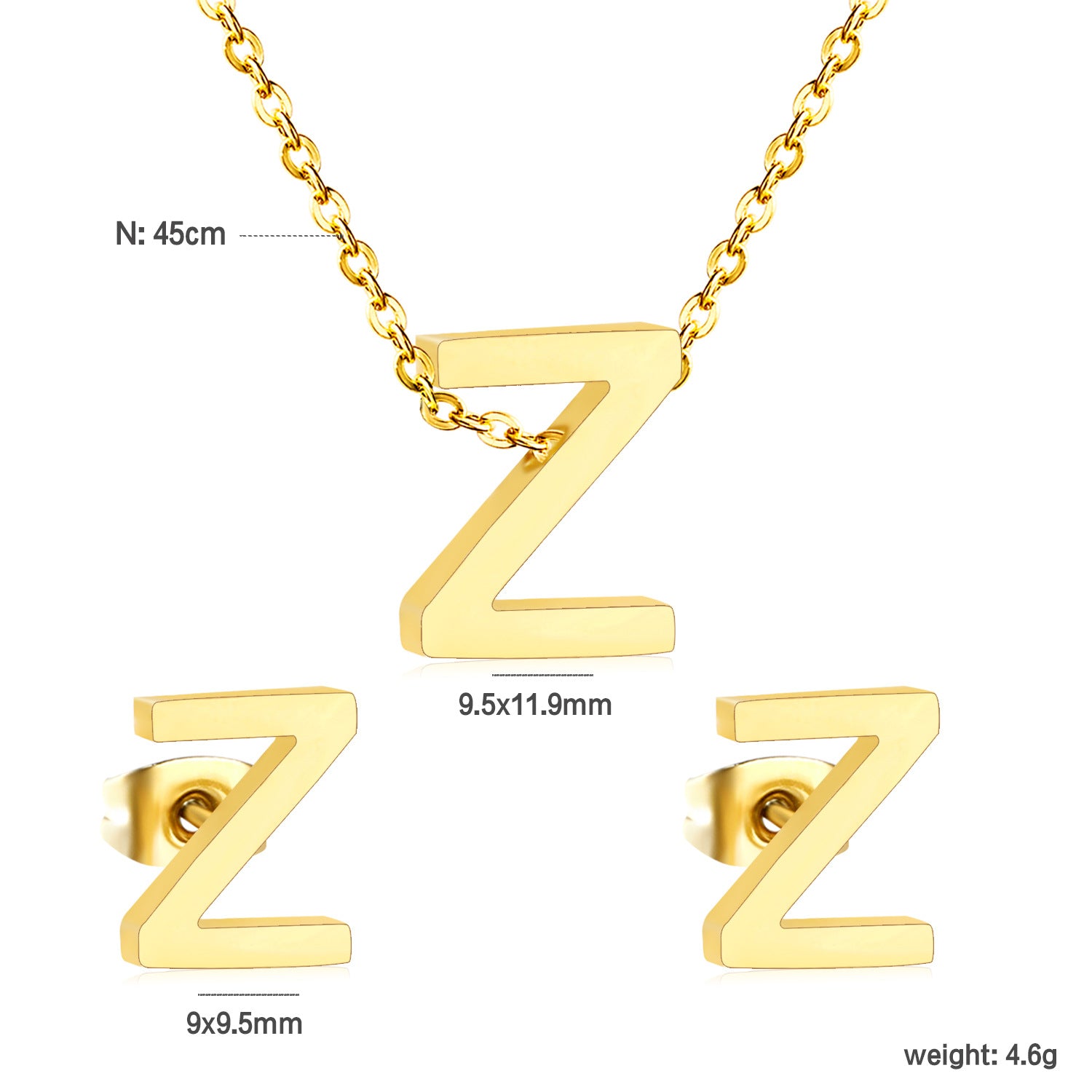 Simple 26 English Alphabet Necklace Earrings Jewelry Set