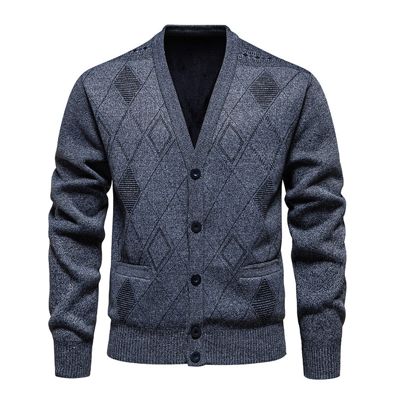 Big & Tall Men's Business Diamond Jacquard Thickened Sweater Cardigan Jacket L-3XL