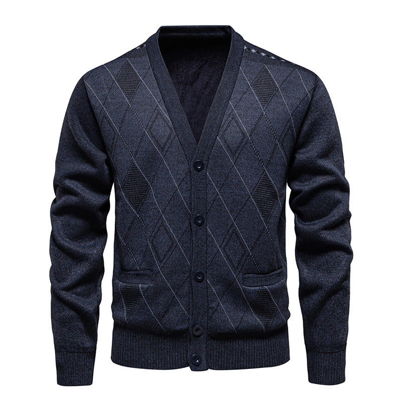 Big & Tall Men's Business Diamond Jacquard Thickened Sweater Cardigan Jacket L-3XL