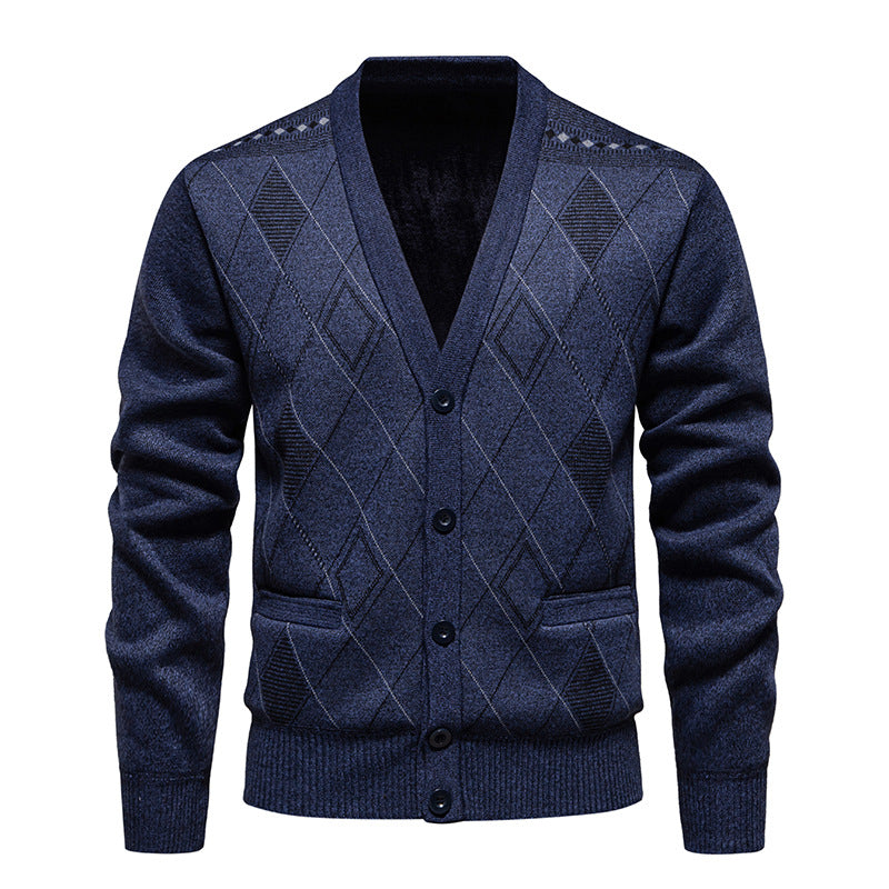 Big & Tall Men's Business Diamond Jacquard Thickened Sweater Cardigan Jacket L-3XL