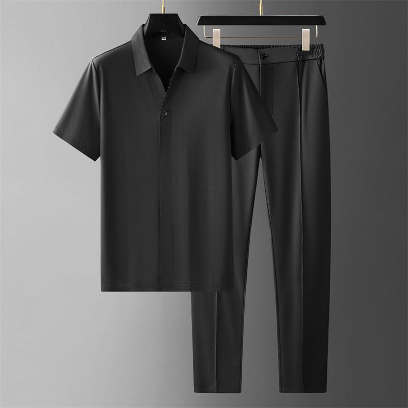 Big & Tall Men's Business Casual Ice Silk Short Sleeve Shirt Sports Suit M-3XL