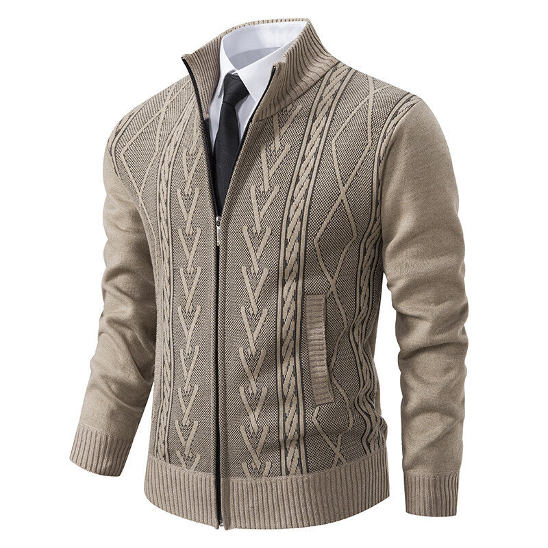 Big & Tall Men's Business Diamond Jacquard Thickened Vertical Neck Sweater Cardigan M-3XL