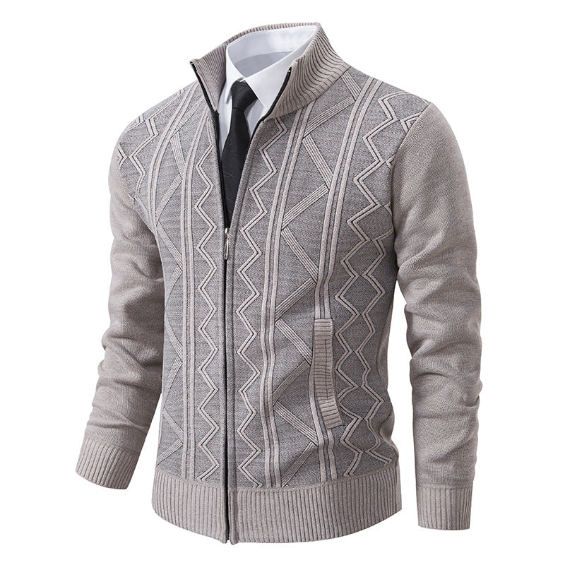 Big & Tall Men's Business Diamond Jacquard Thickened Vertical Neck Sweater Cardigan M-3XL