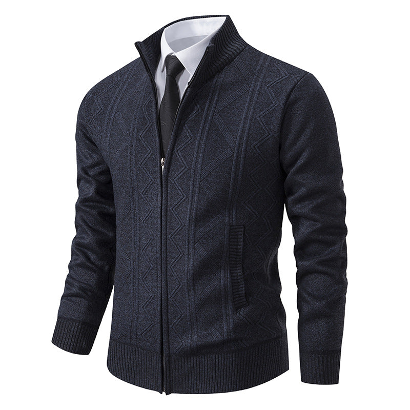 Big & Tall Men's Business Diamond Jacquard Thickened Vertical Neck Sweater Cardigan M-3XL