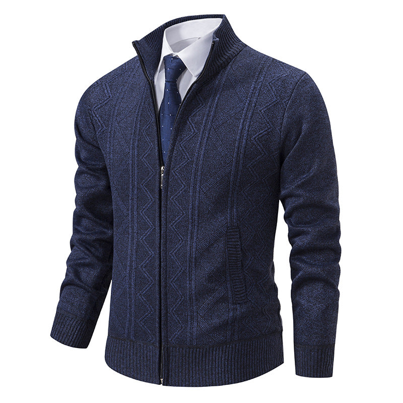 Big & Tall Men's Business Diamond Jacquard Thickened Vertical Neck Sweater Cardigan M-3XL