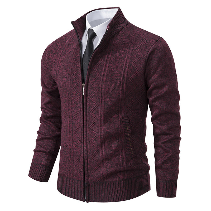 Big & Tall Men's Business Diamond Jacquard Thickened Vertical Neck Sweater Cardigan M-3XL