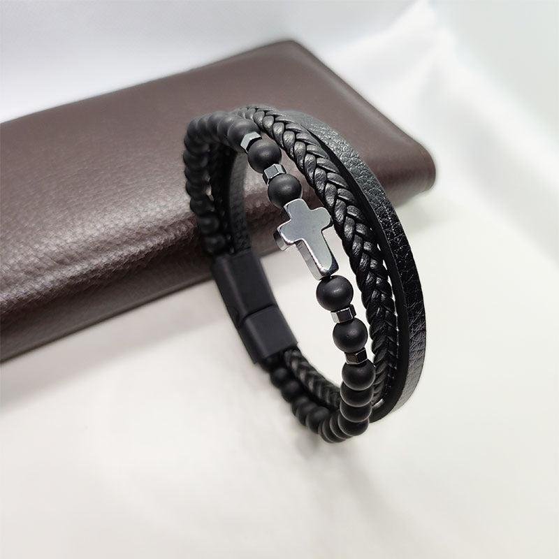 Cross Multi-Layer Black Gallstone Woven Tiger's Eye Grinding Stone Bracelet