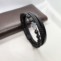 Cross Multi-Layer Black Gallstone Woven Tiger's Eye Grinding Stone Bracelet