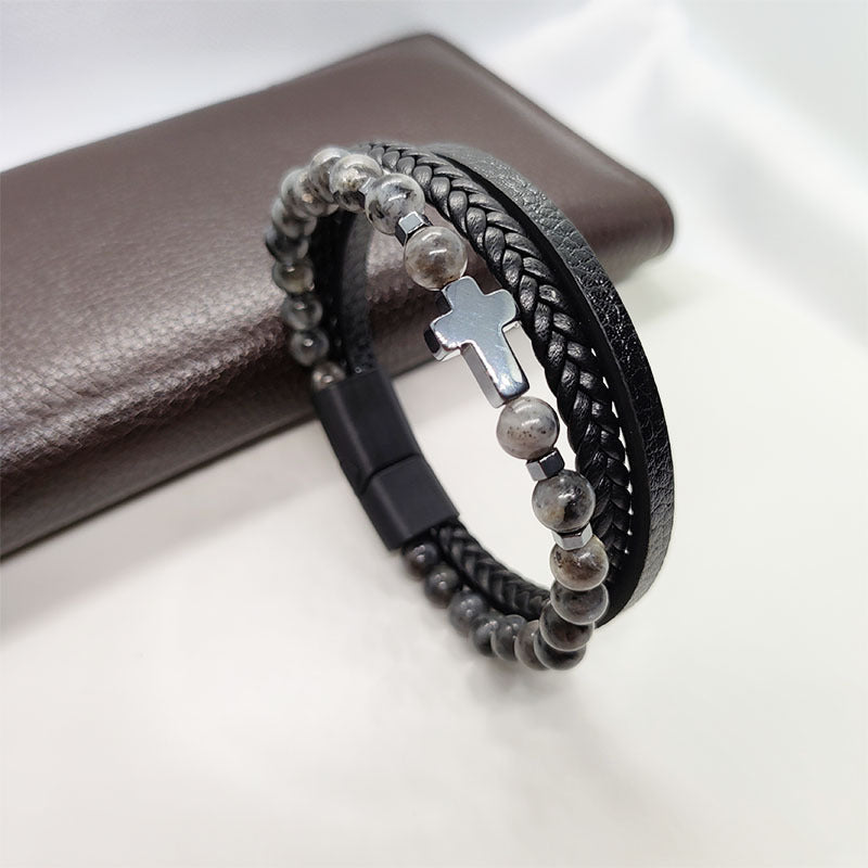 Cross Multi-Layer Black Gallstone Woven Tiger's Eye Grinding Stone Bracelet