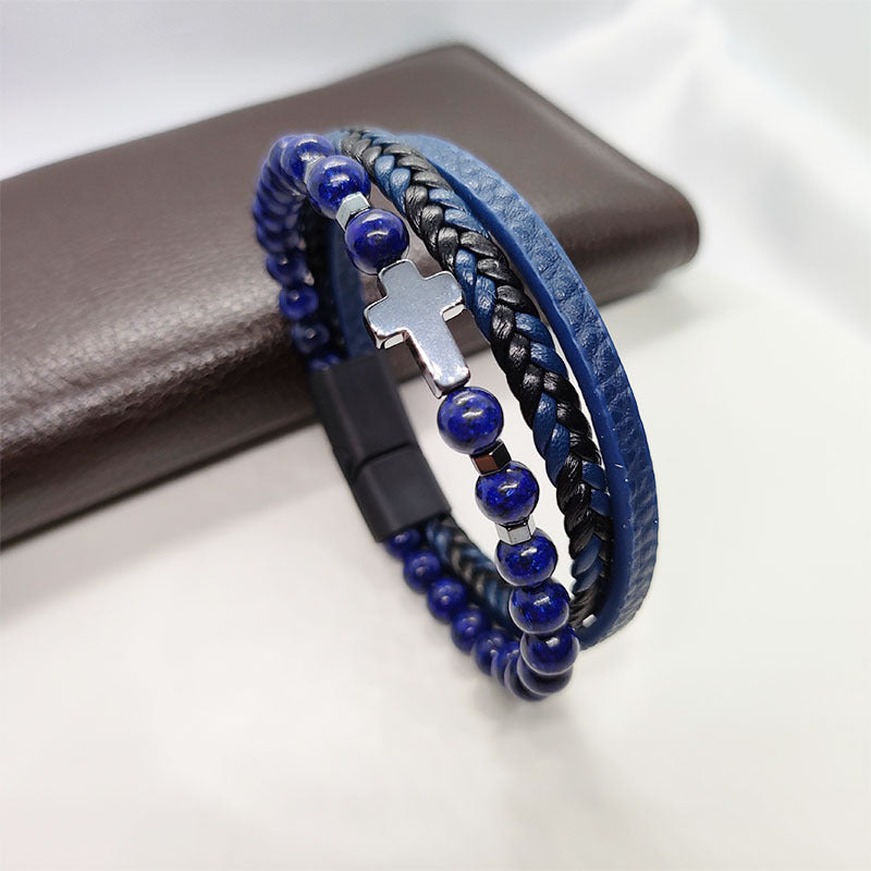 Cross Multi-Layer Black Gallstone Woven Tiger's Eye Grinding Stone Bracelet