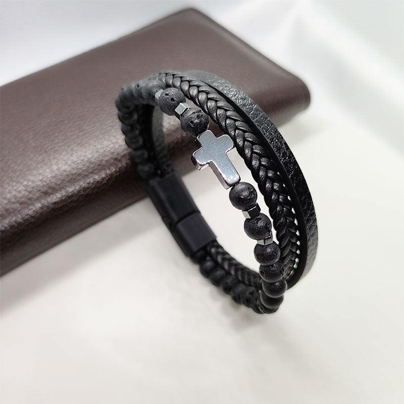 Cross Multi-Layer Black Gallstone Woven Tiger's Eye Grinding Stone Bracelet