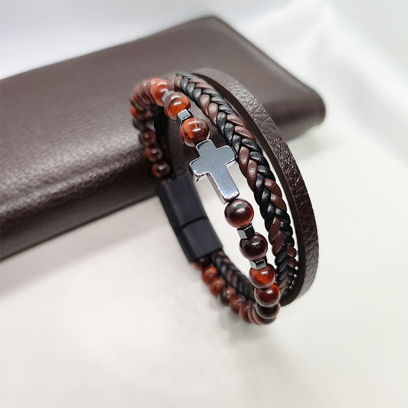Cross Multi-Layer Black Gallstone Woven Tiger's Eye Grinding Stone Bracelet