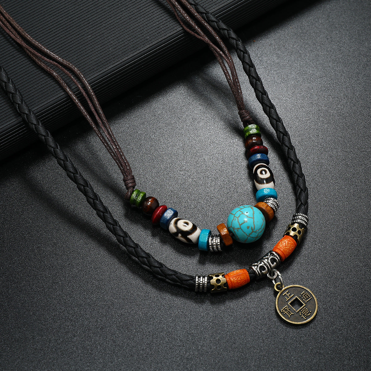 Vintage Cross Feather Double Beaded Turquoise Beaded Necklace