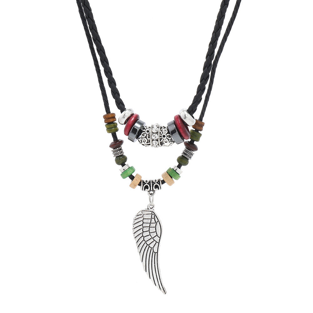 Vintage Cross Feather Double Beaded Turquoise Beaded Necklace