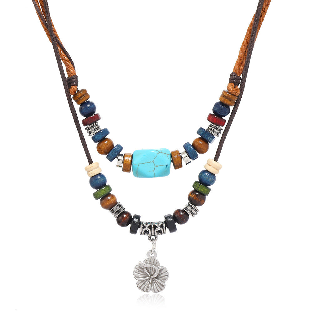 Vintage Cross Feather Double Beaded Turquoise Beaded Necklace