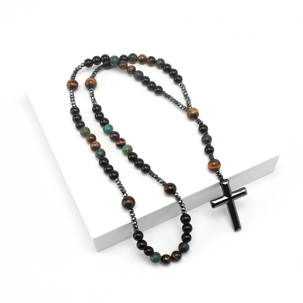 Vintage Natural Stone Long Cross Necklace