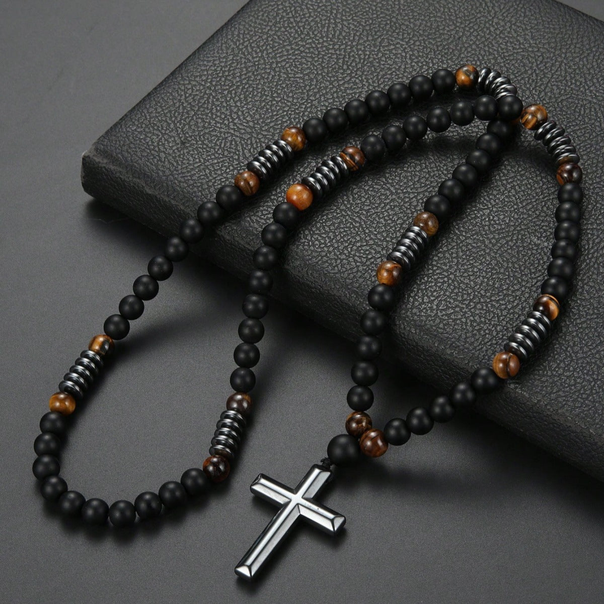 Vintage Natural Stone Long Cross Necklace
