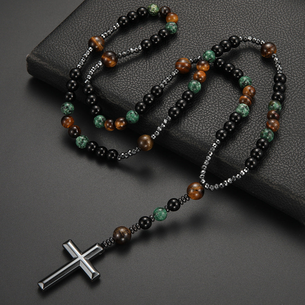 Vintage Natural Stone Long Cross Necklace