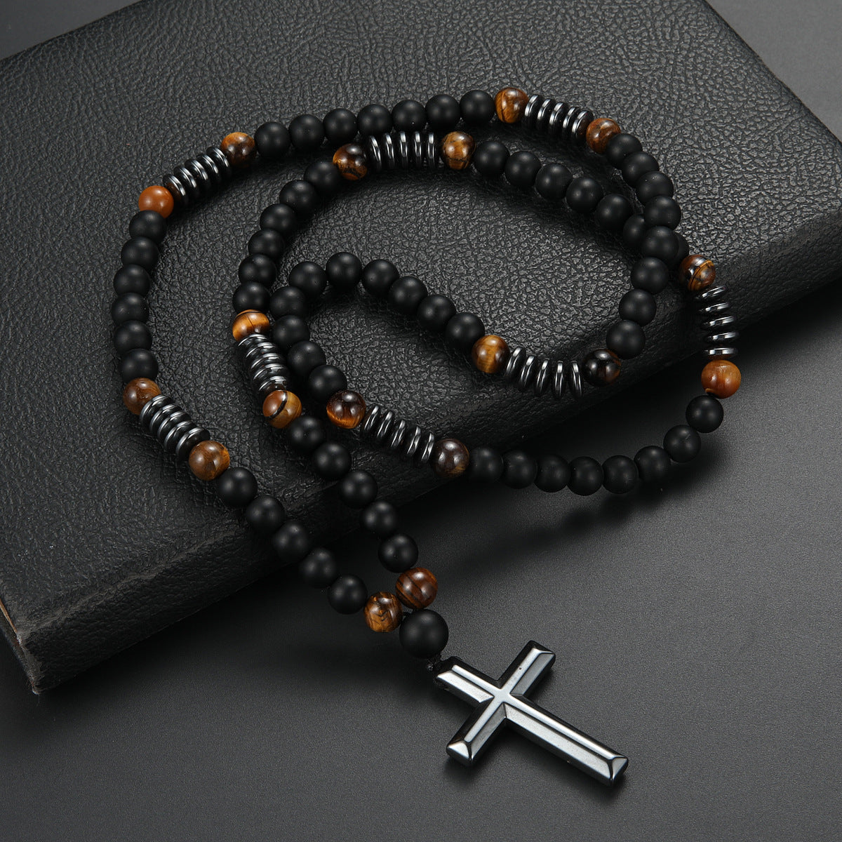 Vintage Natural Stone Long Cross Necklace
