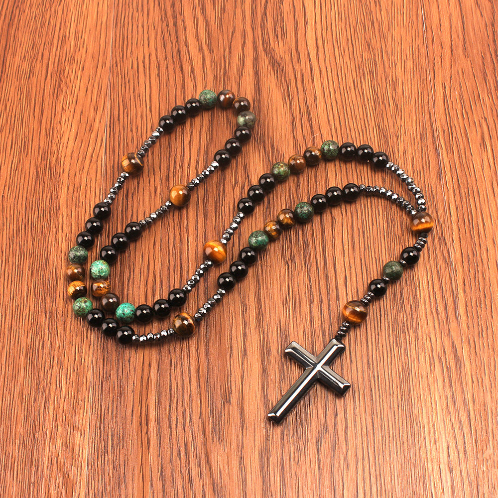 Vintage Natural Stone Long Cross Necklace