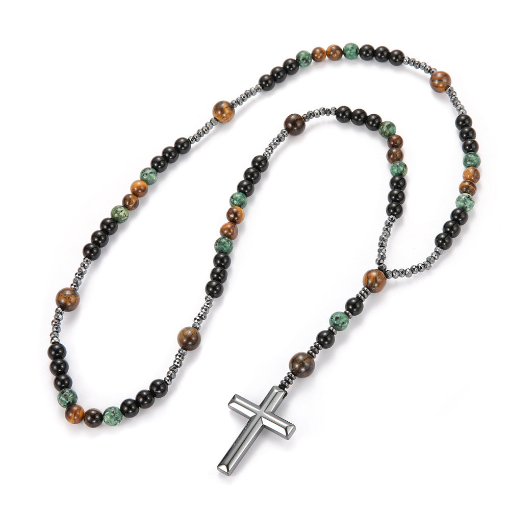 Vintage Natural Stone Long Cross Necklace