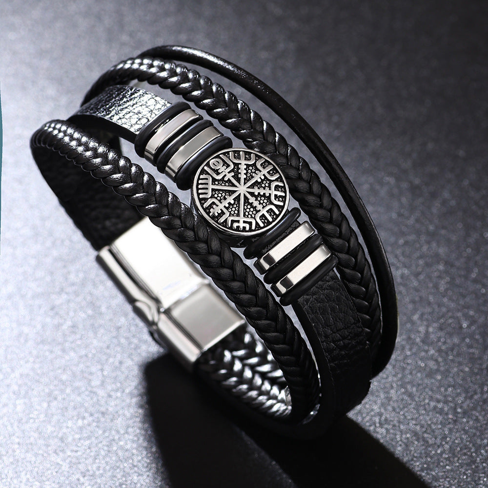 Punk Style Multi-Layer Compass Woven Leather Cord Bracelet