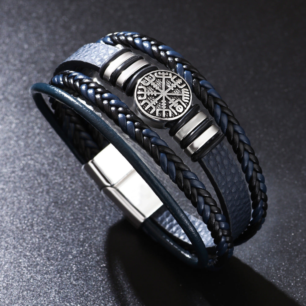 Punk Style Multi-Layer Compass Woven Leather Cord Bracelet